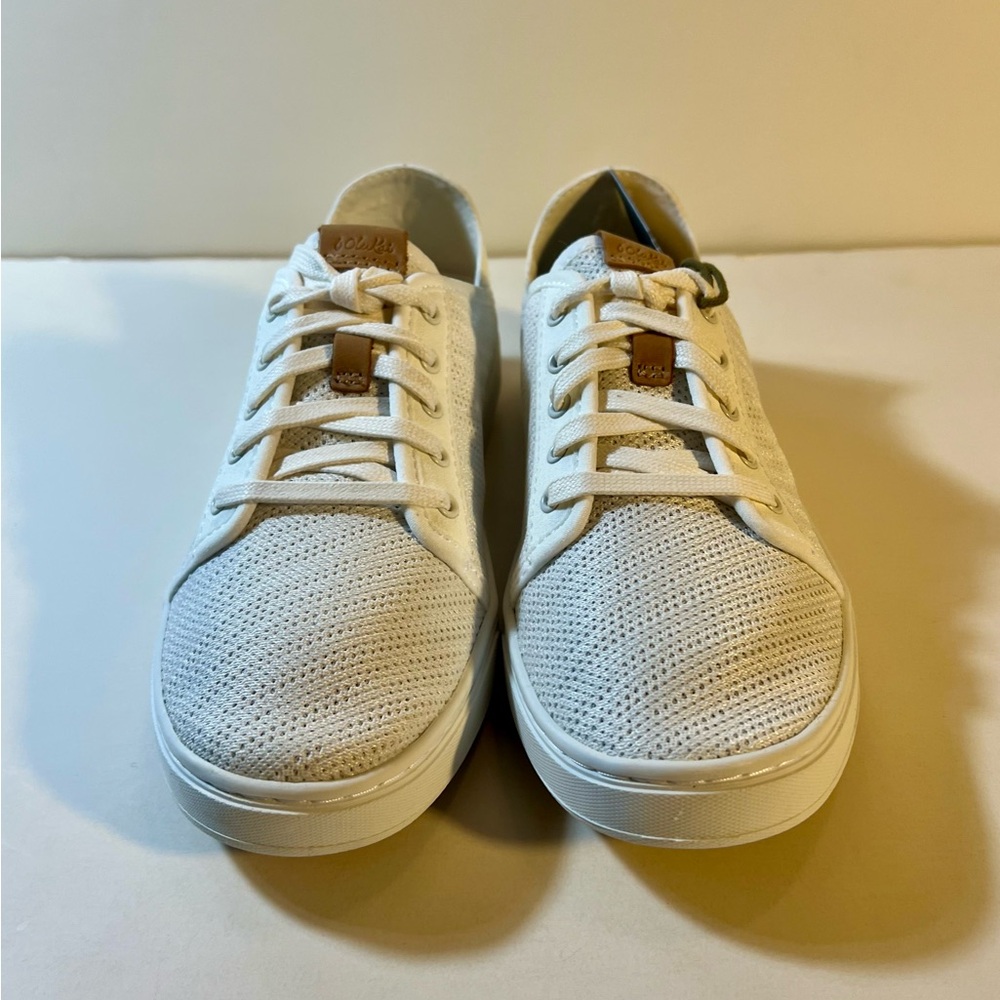 OluKai Women's White Knit Sneakers with Tan Accents